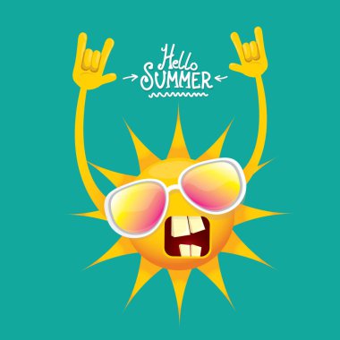 Merhaba yaz funky rock n roll azure üzerinde izole vektör etiket. funky güneş karakter tasarım şablonu ile yaz parti arka plan. vektör yaz parti poster