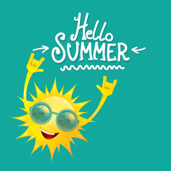 Hello summer funky rock n roll vector label isolated on azure. summer party background with funky sun character design template. vector summer party poster — Stock Vector