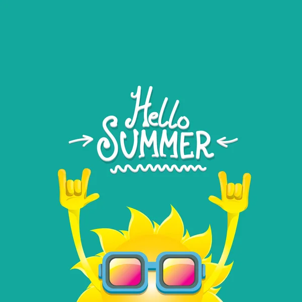 Hola verano funky rock n roll vector etiqueta aislado en azul. fondo de la fiesta de verano con plantilla de diseño de carácter sol funky. vector verano partido cartel — Archivo Imágenes Vectoriales