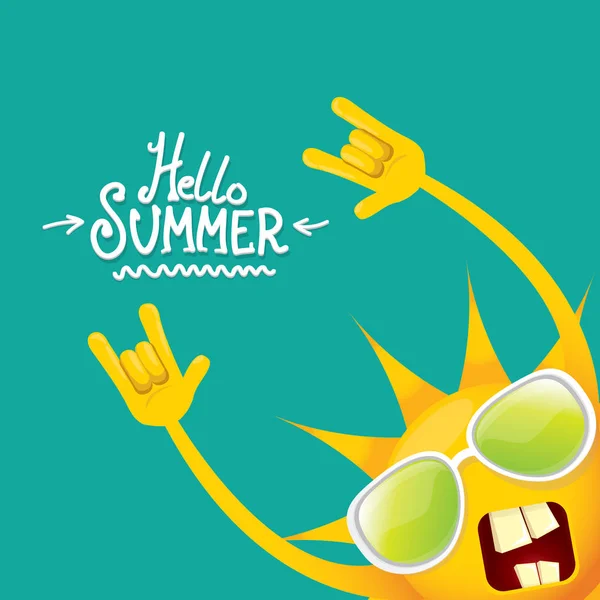 Hola verano funky rock n roll vector etiqueta aislado en azul. fondo de la fiesta de verano con plantilla de diseño de carácter sol funky. vector verano partido cartel — Archivo Imágenes Vectoriales