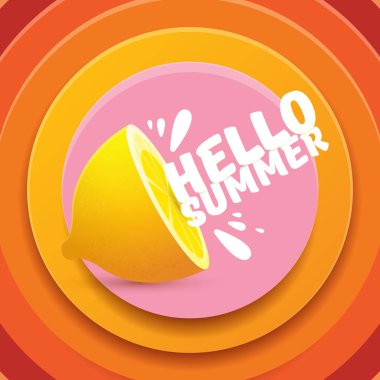 Taze limon soyut daire turuncu zemin üzerine izole vektör Merhaba yaz plaj partisi el ilanı tasarım şablonu. Merhaba yaz konsepti etiket ya da poster turuncu meyve ve tipografik metin ile.
