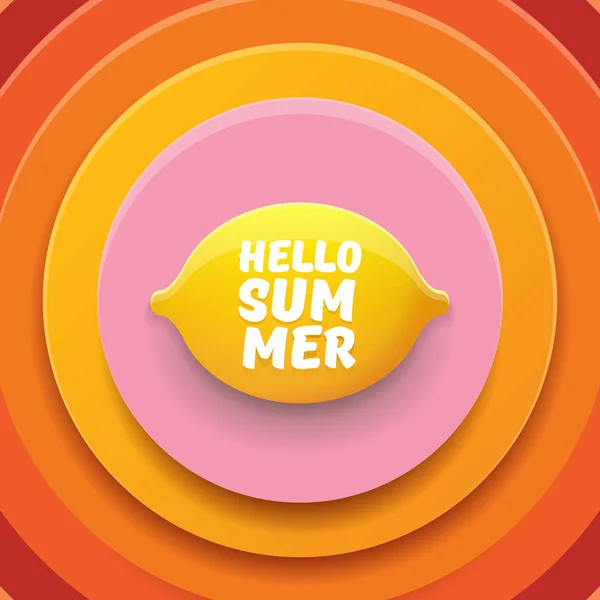 Διάνυσμα Γεια σας καλοκαίρι παραλία κόμμα Flyer πρότυπο σχεδίασης με φρέσκο λεμόνι που απομονώνονται σε αφηρημένη κύκλο πορτοκαλί φόντο. Γεια σας καλοκαίρι έννοια ετικέτα ή αφίσα με πορτοκαλί φρούτα και τυπογραφικές κείμενο. — Διανυσματικό Αρχείο