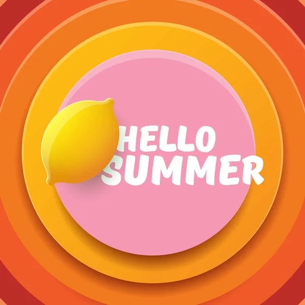 Vektor hallo Sommer Beach Party Flyer Design-Vorlage mit frischer Zitrone isoliert auf abstrakten Kreis orange Hintergrund. Hallo Sommer Konzeptetikett oder Poster mit orangefarbenen Früchten und typografischem Text. — Stockvektor