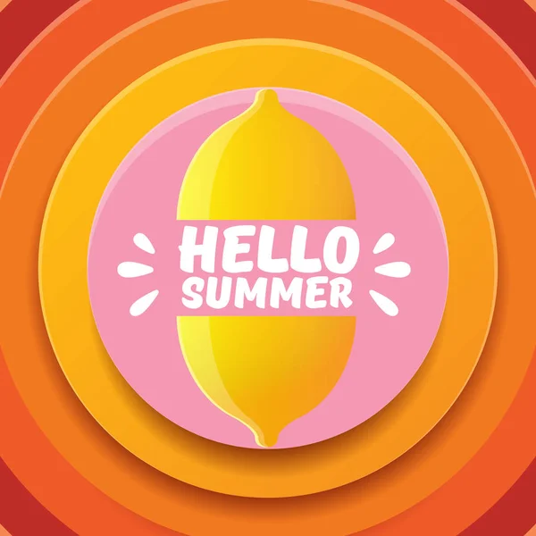 抽象円オレンジ背景に分離された新鮮なレモンを持つベクトルこんにちは夏ビーチ パーティー フライヤーのデザイン テンプレート。こんにちは夏のコンセプトのラベルまたはオレンジ色の果物とタイポグラフィ本文ポスター. — ストックベクタ