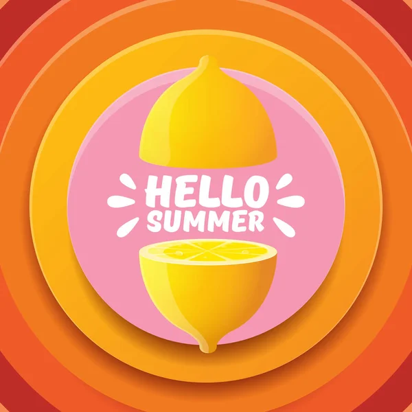 Летняя пляжная вечеринка Vector Hello Summer Beach Party Flyer Design искушает свежим лемоном на оранжевом фоне. Этикетка или плакат Hello summer с оранжевыми фруктами и типографским текстом . — стоковый вектор