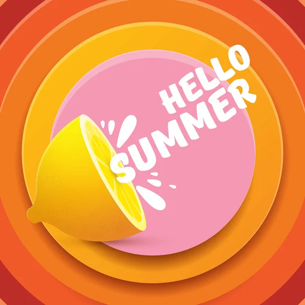 Vector Hello Summer Beach Party Flyer ontwerpsjabloon met verse citroen geïsoleerd op abstracte cirkel oranje achtergrond. Hallo zomer concept label of poster met oranje groenten en typografische tekst. — Stockvector