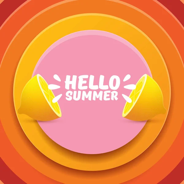 Vector Hello Summer Beach Party Flyer Design șablon cu lămâie proaspătă izolată pe fundal abstract portocaliu cerc. Hello Summer concept etichetă sau poster cu fructe portocalii și text tipografic . — Vector de stoc