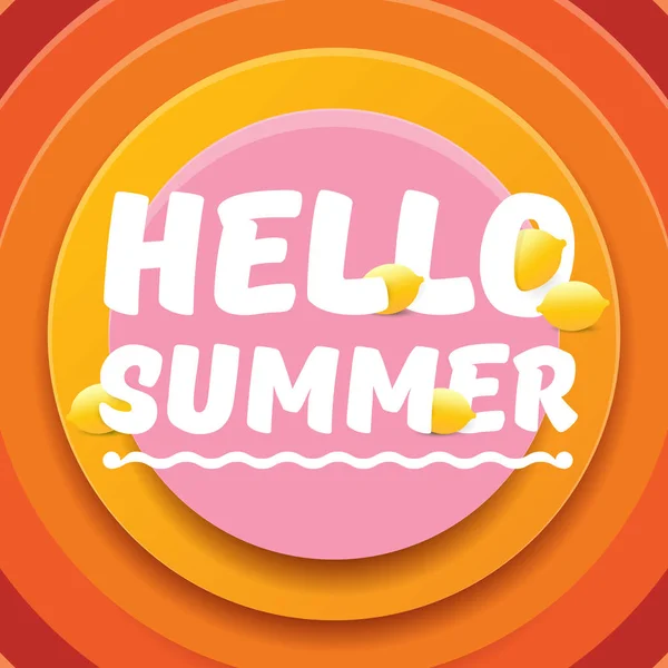 Vector Hello Summer Beach Party Flyer Modello di design con limone fresco isolato su sfondo arancione cerchio astratto. Hello summer concept label o poster con frutta arancione e testo tipografico . — Vettoriale Stock