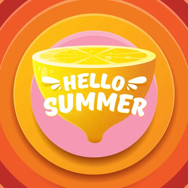 Летняя пляжная вечеринка Vector Hello Summer Beach Party Flyer Design искушает свежим лемоном на оранжевом фоне. Этикетка или плакат Hello summer с оранжевыми фруктами и типографским текстом . — стоковый вектор