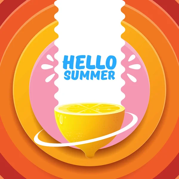 Vector Hello Summer Beach Party Flyer Modello di design con limone fresco isolato su sfondo arancione cerchio astratto. Hello summer concept label o poster con frutta arancione e testo tipografico . — Vettoriale Stock