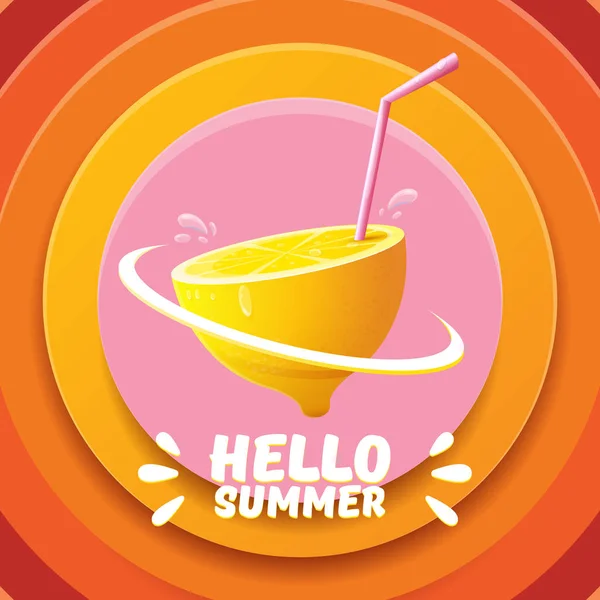 Летняя пляжная вечеринка Vector Hello Summer Beach Party Flyer Design искушает свежим лемоном на оранжевом фоне. Этикетка или плакат Hello summer с оранжевыми фруктами и типографским текстом . — стоковый вектор