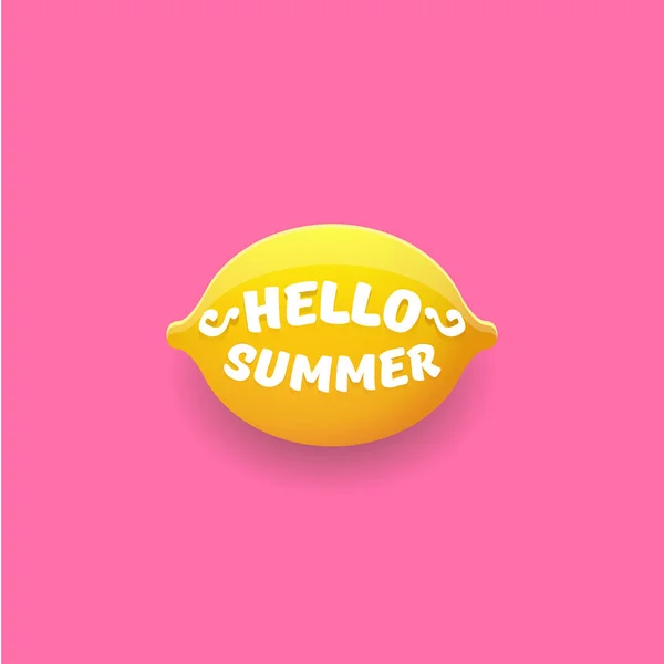 Vector Hello Summer Beach Party Flyer Design template with fresh lemon isolated on soft pink background. Hello summer concept label or poster with orange fruit and typographic text. — Stock Vector