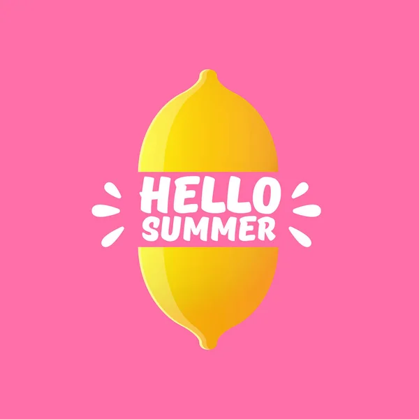 Vector Hello Summer Beach Party Flyer Design template with fresh lemon isolated on soft pink background. Hello summer concept label or poster with orange fruit and typographic text. — Stock Vector