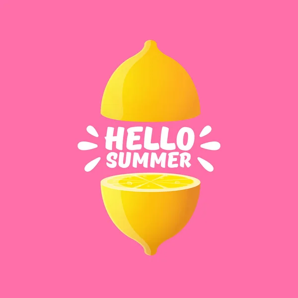Vektorové Hello letní Beach Party Flyer šablony návrhu s čerstvým citronem izolované na měkké růžové pozadí. Dobrý den, letní koncept štítku nebo plakát s oranžové ovoce a typografické textem. — Stockový vektor