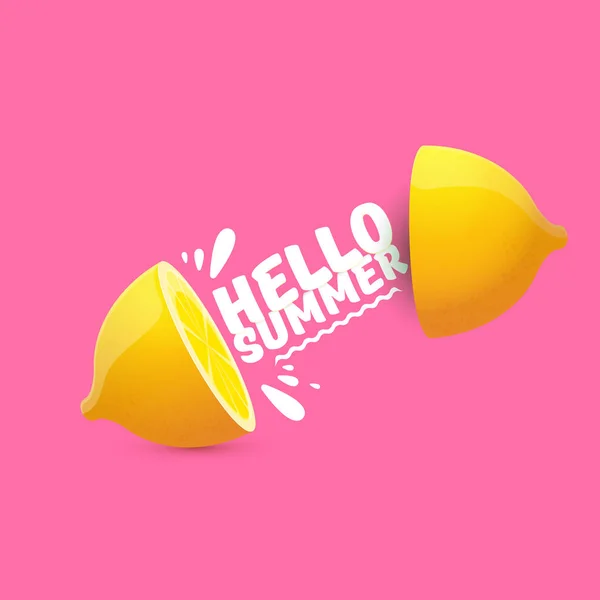 Vektor hallo Sommer Beach Party Flyer Design-Vorlage mit frischer Zitrone isoliert auf weichem rosa Hintergrund. Hallo Sommer Konzeptetikett oder Poster mit orangefarbenen Früchten und typografischem Text. — Stockvektor