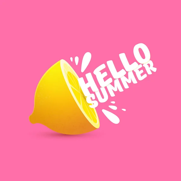 Vector Hello Summer Beach Party Flyer Design template with fresh lemon isolated on soft pink background. Hello summer concept label or poster with orange fruit and typographic text. — Stock Vector