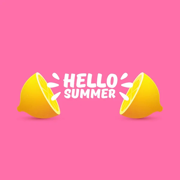 Vector Hello Summer Beach Party Flyer Design template with fresh lemon isolated on soft pink background. Hello summer concept label or poster with orange fruit and typographic text. — Stock Vector