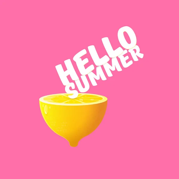 Taze limon yumuşak pembe izole vektör Merhaba yaz plaj partisi el ilanı tasarım şablonu. Merhaba yaz konsepti etiket ya da poster turuncu meyve ve tipografik metin ile. — Stok Vektör