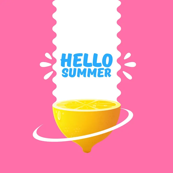 Vector Hello Summer Beach Party Flyer Modelo de design com limão fresco isolado em fundo rosa macio. Olá verão conceito rótulo ou cartaz com frutas laranja e texto tipográfico . — Vetor de Stock