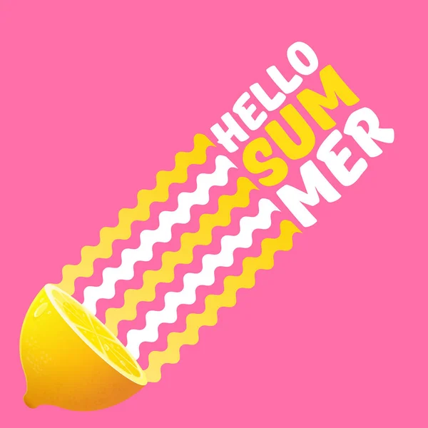 Vektor Hello nyári Beach Party szórólap tervezősablon friss citrom elszigetelt puha rózsaszín háttér. Hello, nyári koncepció címke vagy a poszter narancssárga gyümölcs és tipográfiai szöveggel. — Stock Vector