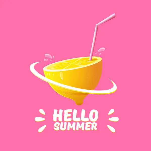 Vector Hello Summer Beach Party Flyer Modello di design con limone fresco isolato su sfondo rosa morbido. Hello summer concept label o poster con frutta arancione e testo tipografico . — Vettoriale Stock