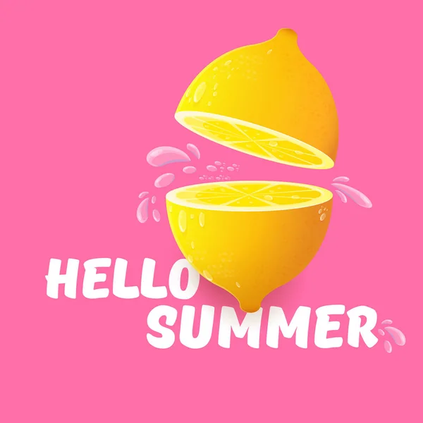 Vector Hello Summer Beach Party Flyer Design template with fresh lemon isolated on soft pink background. Hello summer concept label or poster with orange fruit and typographic text. — Stock Vector