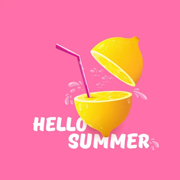 Vector Hello Summer Beach Party Flyer ontwerpsjabloon met verse citroen geïsoleerd op zachte roze achtergrond. Hallo zomer concept label of poster met oranje groenten en typografische tekst. — Stockvector