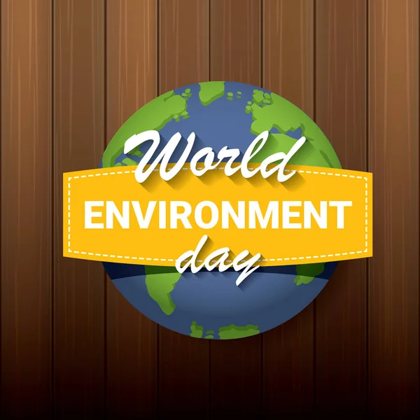 5 june celebration world environment day vector label or banner with earth globe isolated on wooden background — Stock Vector