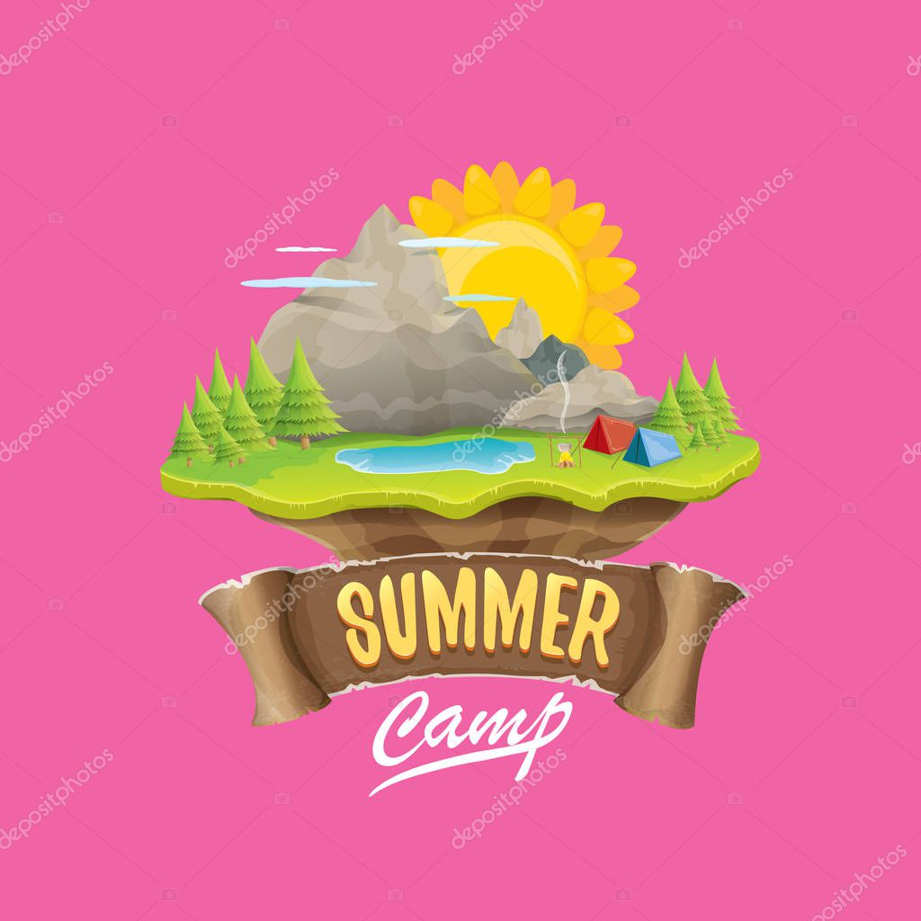 Summer camp kids logo concept illustration with green valley, mountains, trees, sun, clouds, camp fire, camping tent and blue lake. Vector summer camp logo