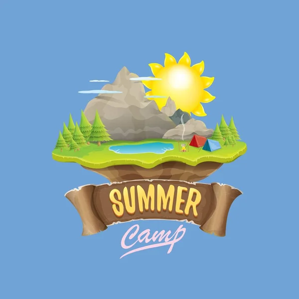 Ilustración del concepto del logo del campamento de verano para niños con valle verde, montañas, árboles, sol, nubes, fogata, tienda de campaña y lago azul. Vector verano campamento logotipo o folleto ilustración . — Vector de stock