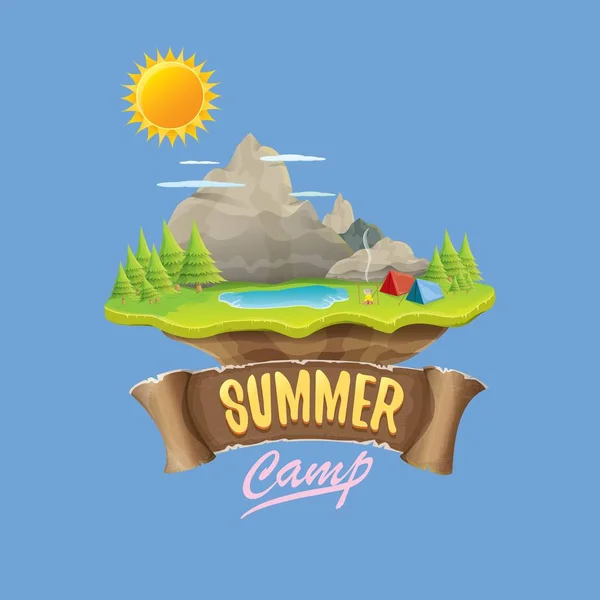 Ilustración del concepto del logo del campamento de verano para niños con valle verde, montañas, árboles, sol, nubes, fogata, tienda de campaña y lago azul. Vector verano campamento logotipo o folleto ilustración . — Vector de stock