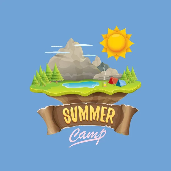 Ilustración del concepto del logo del campamento de verano para niños con valle verde, montañas, árboles, sol, nubes, fogata, tienda de campaña y lago azul. Vector verano campamento logotipo o folleto ilustración . — Vector de stock
