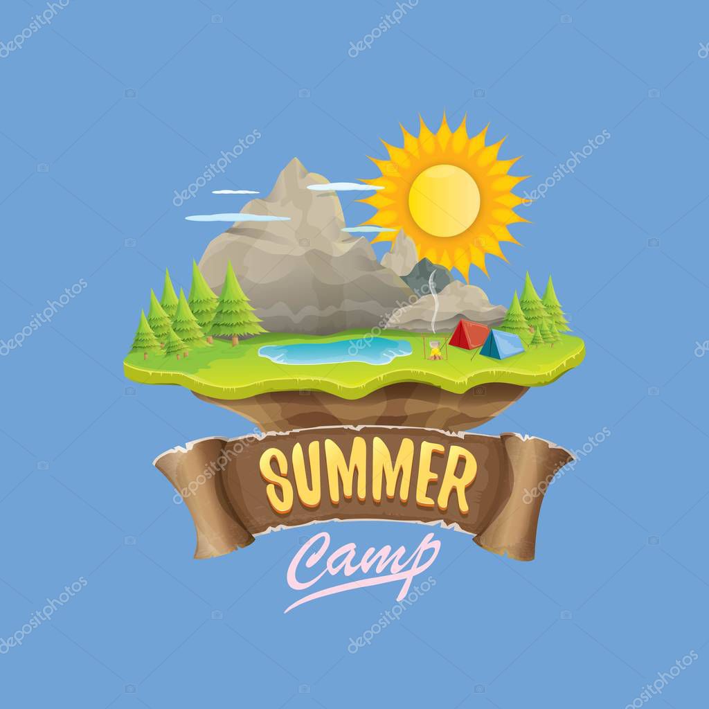 Summer camp kids logo concept illustration with green valley, mountains, trees, sun, clouds, camp fire, camping tent and blue lake. Vector summer camp logo