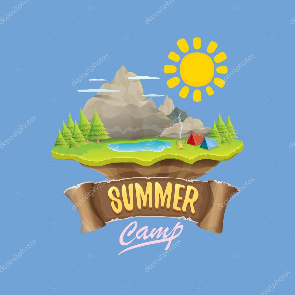 Summer camp kids logo concept illustration with green valley, mountains, trees, sun, clouds, camp fire, camping tent and blue lake. Vector summer camp logo