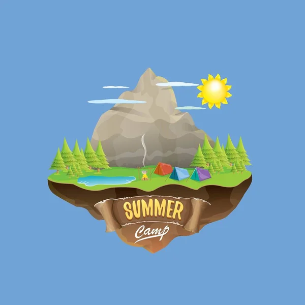 Illustration de concept de logo de camp d'été pour enfants avec vallée verte, montagnes, arbres, soleil, nuages, feu de camp, tente de camping et lac bleu. Logo du camp d'été vectoriel ou illustration flyer . — Image vectorielle