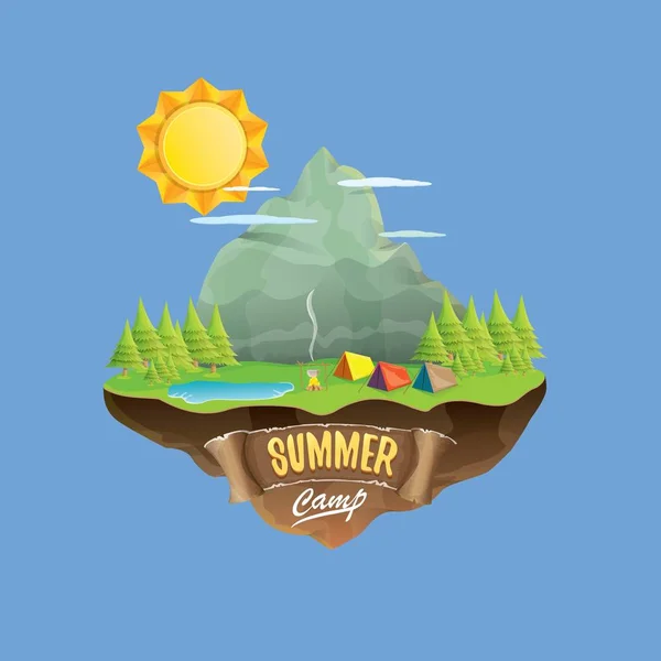 Ilustración del concepto del logo del campamento de verano para niños con valle verde, montañas, árboles, sol, nubes, fogata, tienda de campaña y lago azul. Vector verano campamento logotipo o folleto ilustración . — Vector de stock