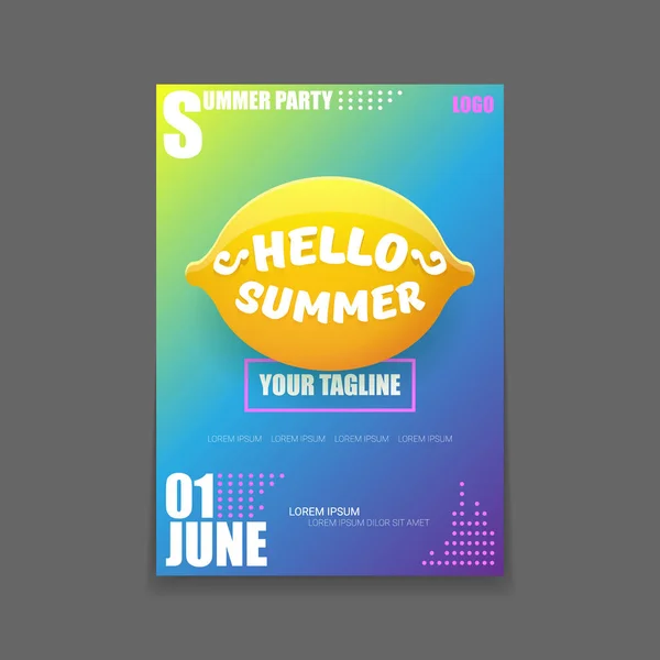 Vector Hello Summer Beach Party vertical A4 poster Plantilla de diseño o maqueta con limón fresco sobre fondo degradado. Hola etiqueta concepto de verano o folleto con fruta naranja y texto tipográfico . — Archivo Imágenes Vectoriales