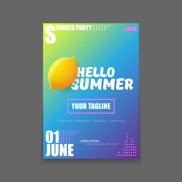 Vector Hello Summer Beach Party vertical A4 poster Plantilla de diseño o maqueta con limón fresco sobre fondo degradado. Hola etiqueta concepto de verano o folleto con fruta naranja y texto tipográfico . — Vector de stock