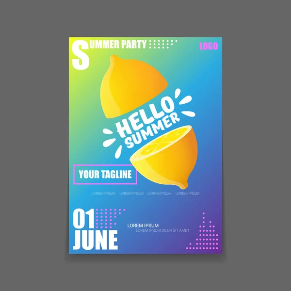 Vector Hello Summer Beach Party vertical A4 poster Plantilla de diseño o maqueta con limón fresco sobre fondo degradado. Hola etiqueta concepto de verano o folleto con fruta naranja y texto tipográfico . — Vector de stock