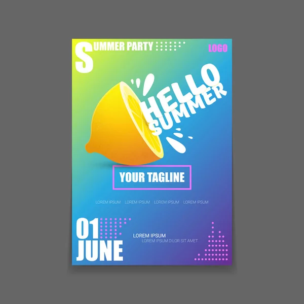 Vector Hello Summer Beach Party vertical A4 poster Plantilla de diseño o maqueta con limón fresco sobre fondo degradado. Hola etiqueta concepto de verano o folleto con fruta naranja y texto tipográfico . — Vector de stock