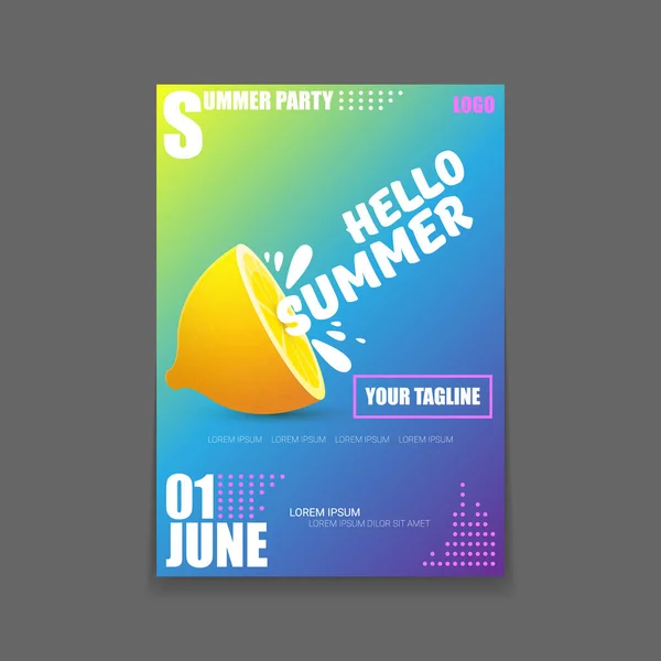 Vector Hello Summer Beach Party vertical A4 poster Plantilla de diseño o maqueta con limón fresco sobre fondo degradado. Hola etiqueta concepto de verano o folleto con fruta naranja y texto tipográfico . — Vector de stock