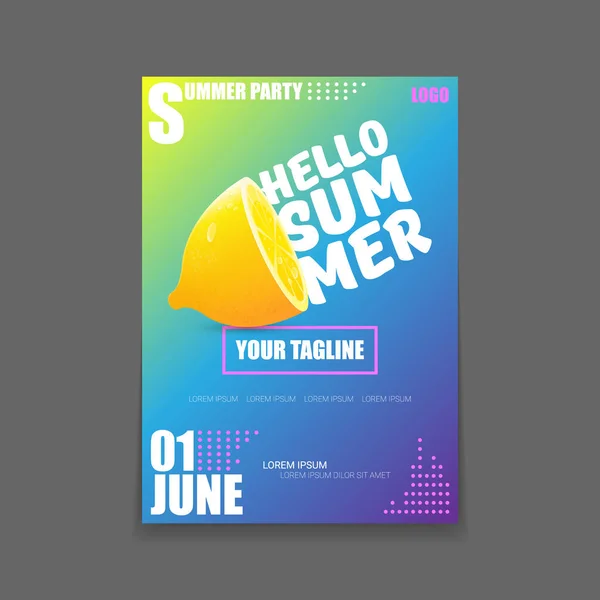 Vector Hello Summer Beach Party vertical A4 poster Plantilla de diseño o maqueta con limón fresco sobre fondo degradado. Hola etiqueta concepto de verano o folleto con fruta naranja y texto tipográfico . — Vector de stock