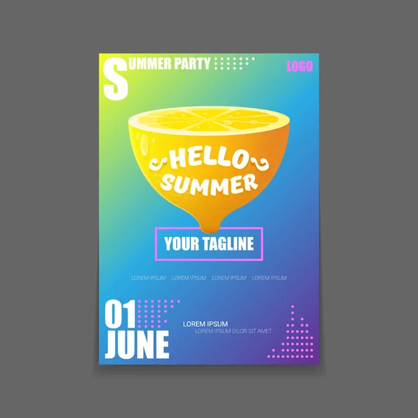 Vector Hello Summer Beach Party vertical A4 poster Plantilla de diseño o maqueta con limón fresco sobre fondo degradado. Hola etiqueta concepto de verano o folleto con fruta naranja y texto tipográfico . — Vector de stock