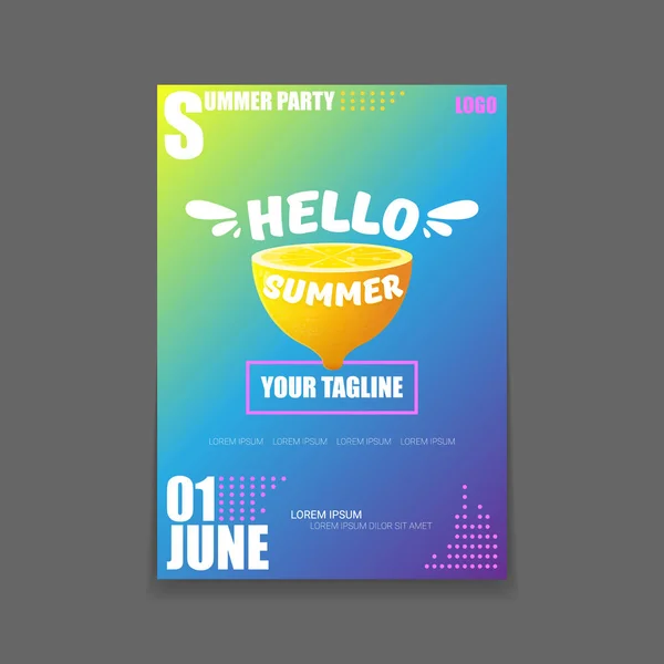 Vector Hello Summer Beach Party vertical A4 poster Plantilla de diseño o maqueta con limón fresco sobre fondo degradado. Hola etiqueta concepto de verano o folleto con fruta naranja y texto tipográfico . — Vector de stock