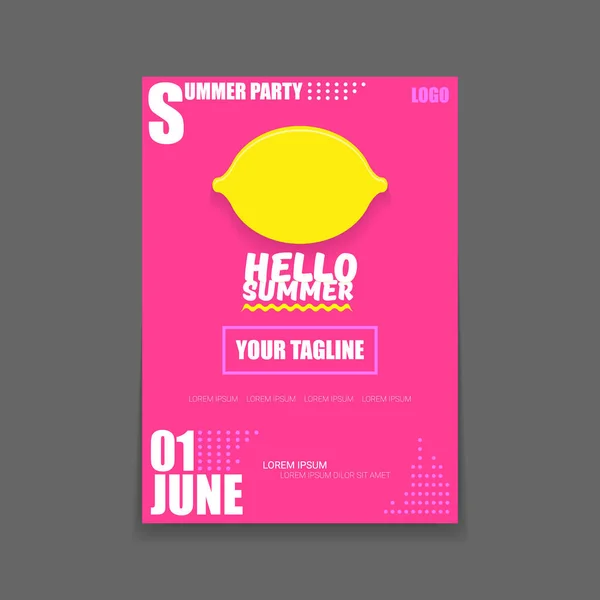 Vector Hello Summer Beach Party vertical A4 poster Plantilla de diseño o maqueta con limón fresco sobre fondo rosa con texto. Hola etiqueta concepto de verano o folleto con fruta naranja y texto tipográfico . — Vector de stock