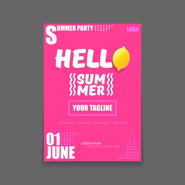 Vector Hello Summer Beach Party poster A4 vertical Modèle de conception ou maquette avec citron frais sur fond rose avec du texte. Étiquette concept Hello summer ou flyer avec fruits orange et texte typographique . — Image vectorielle