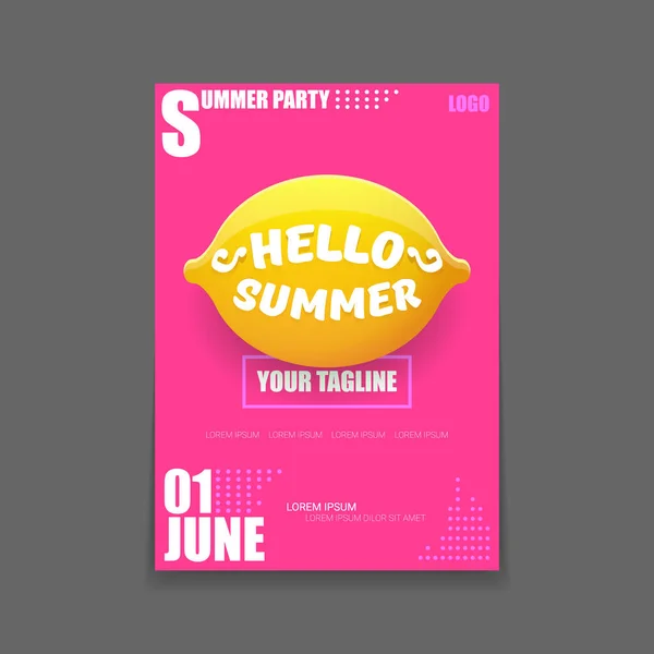 Vector Hello Summer Beach Party vertical A4 poster Plantilla de diseño o maqueta con limón fresco sobre fondo rosa con texto. Hola etiqueta concepto de verano o folleto con fruta naranja y texto tipográfico . — Vector de stock