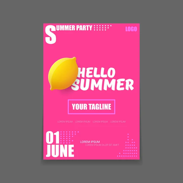 Vector Hello Summer Beach Party vertical A4 poster Plantilla de diseño o maqueta con limón fresco sobre fondo rosa con texto. Hola etiqueta concepto de verano o folleto con fruta naranja y texto tipográfico . — Vector de stock