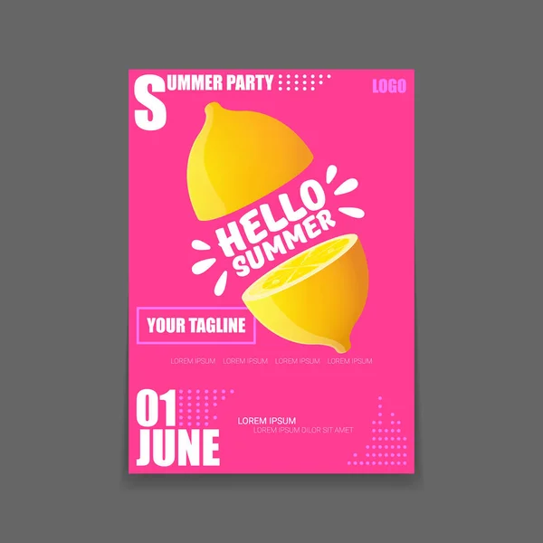 Vector Hello Summer Beach Party vertical A4 poster Plantilla de diseño o maqueta con limón fresco sobre fondo rosa con texto. Hola etiqueta concepto de verano o folleto con fruta naranja y texto tipográfico . — Vector de stock