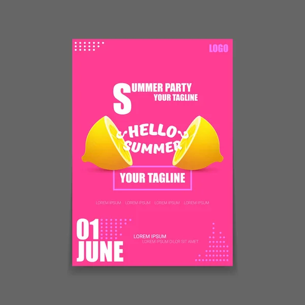 Vector Hello Summer Beach Party vertical A4 poster Plantilla de diseño o maqueta con limón fresco sobre fondo rosa con texto. Hola etiqueta concepto de verano o folleto con fruta naranja y texto tipográfico . — Vector de stock